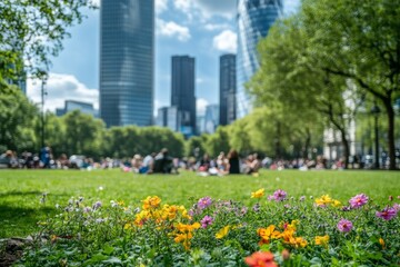 Colorful flowers in a green park with tall buildings in the background under a bright blue sky