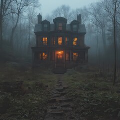 Eerie Haunted House in Foggy Forest at Dusk