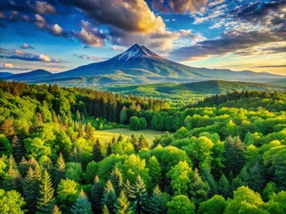 Obraz premium Serene Woodbury Timberland Landscape with Lush Green Forests and Majestic Mountain Backdrop