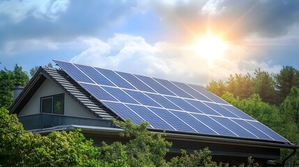 Fototapeta premium Eco-Friendly Rooftop Solar Panels Absorbing Sunlight on a Suburban Home with Green Landscape