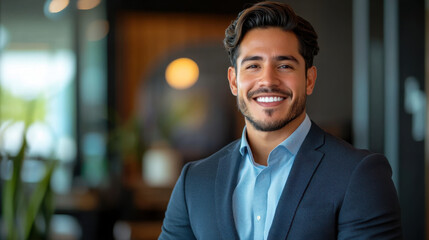 Obraz premium Smiling elegant confident young professional Latino hispanic business man , male proud leader, smart Latin businessman lawyer or company manager executive looking at camera standing in office
