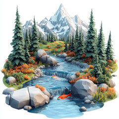 3D cartoon river with clear water, red salmon fish, and mountain landscape. on a solid white background