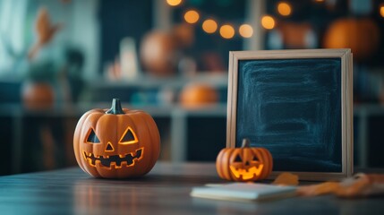An empty scene featuring a blurred background with soft-focus Halloween-themed notebooks and a blank chalkboard, creating an ideal product mockup space, 