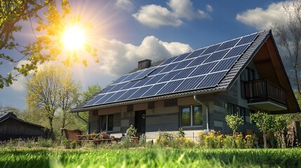 Eco-Friendly Home with Integrated Solar Panels Bathed in Sunlight in Natural Landscape