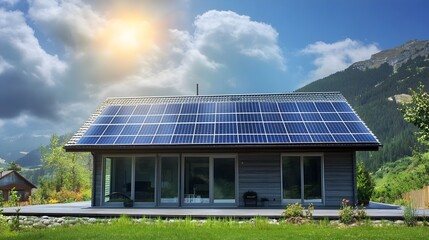 Naklejka premium Eco-Friendly Solar-Powered House in Scenic Mountain Landscape