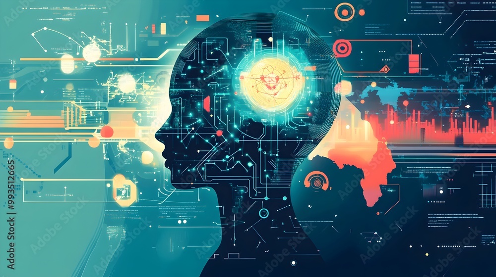 Aufkleber digital brain networking - futuristic technology information analysis