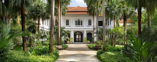 Fototapeta premium Raffles Hotel Courtyard A luxurious colonial-style hotel with a grand white facade