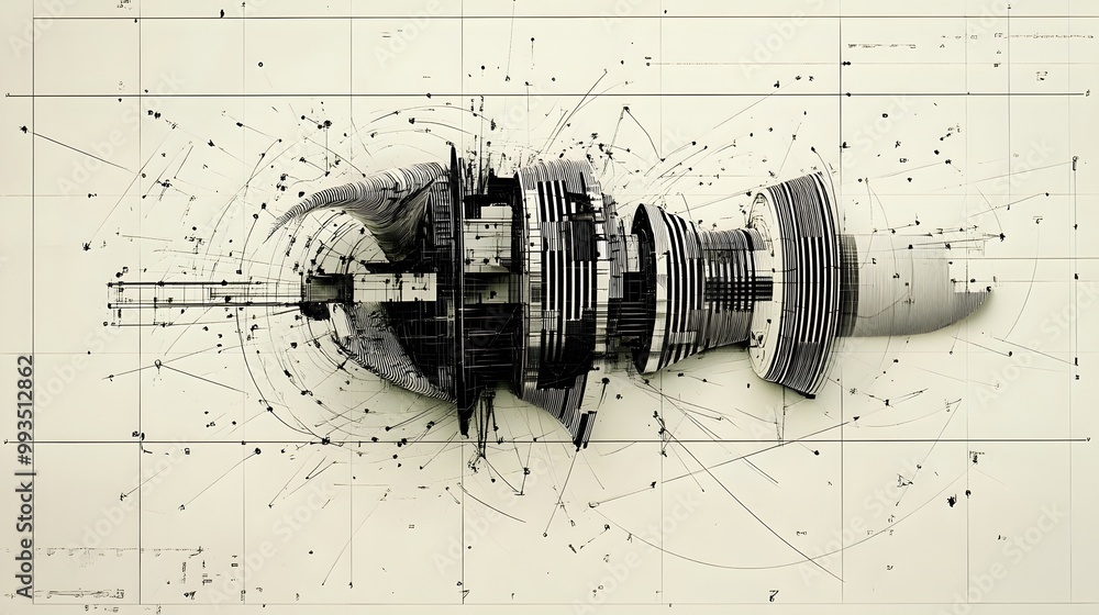 Poster futuristic mechanical engineering blueprint diagram with interconnected components