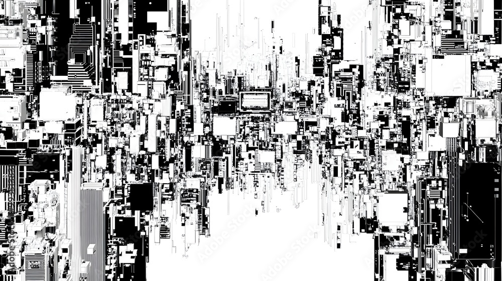 Aufkleber surreal digital glitch abstract art with chaotic pixel patterns and futuristic technological