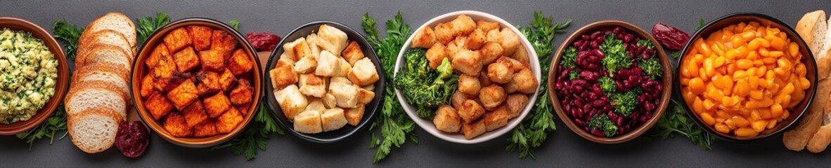 An arrangement of colorful vegetables and grains in bowls, showcasing healthy meal options on a dark background.