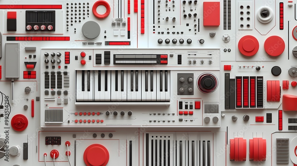 Poster assortment of audio recording and mixing equipment in a vibrant red and gray color scheme