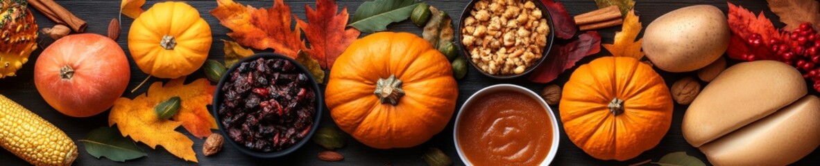 Colorful arrangement of autumn harvest items, including pumpkins, nuts, and spices, on a dark wooden table.
