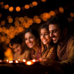 Fototapeta premium Joyful celebration with indian family at night, illuminated by festive lights and candles.