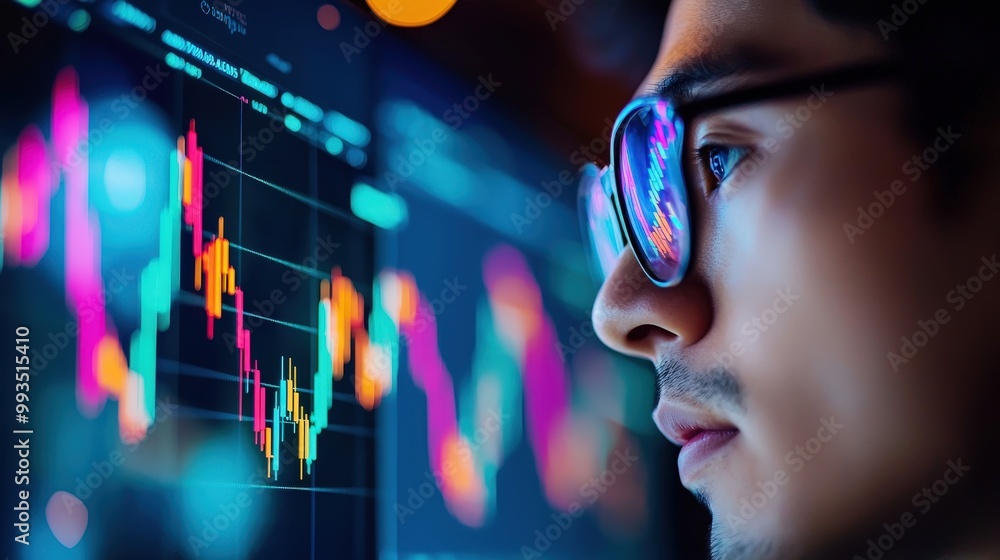 Aufkleber a focused analyst examines vibrant financial data on a digital screen, reflecting the pulse of the m