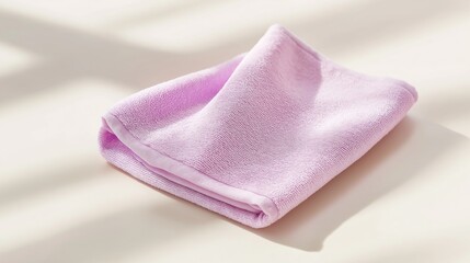 A soft lavender cloth resting on a light surface with natural sunlight casting gentle shadows.