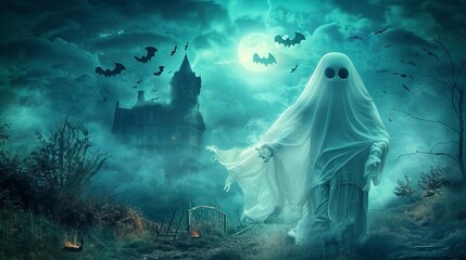 Obraz premium A poster with a ghost in the middle of the night with bats flying in the background, Halloween elements, Happy Hallowee