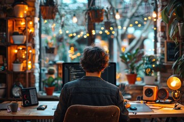 Obraz premium Back view of a man sitting at a computer, student programmer or web designer, selective focus