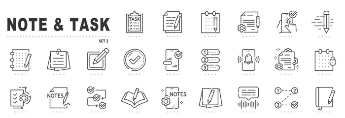 Note and task line icons. Checklist, document, notepad, list etc. Editable stroke. Set 2
