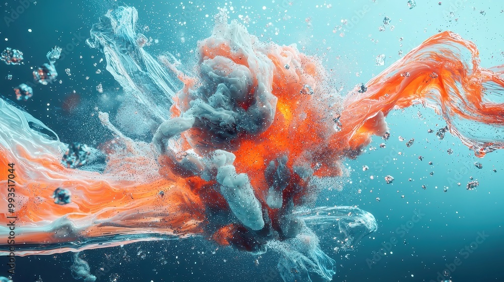 Poster liquid flame textures in soft hues, shimmering particles dance within, creating a mesmerizing displa