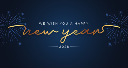 Happy New Year 2028, golden and blue background, Greeting card, Banner