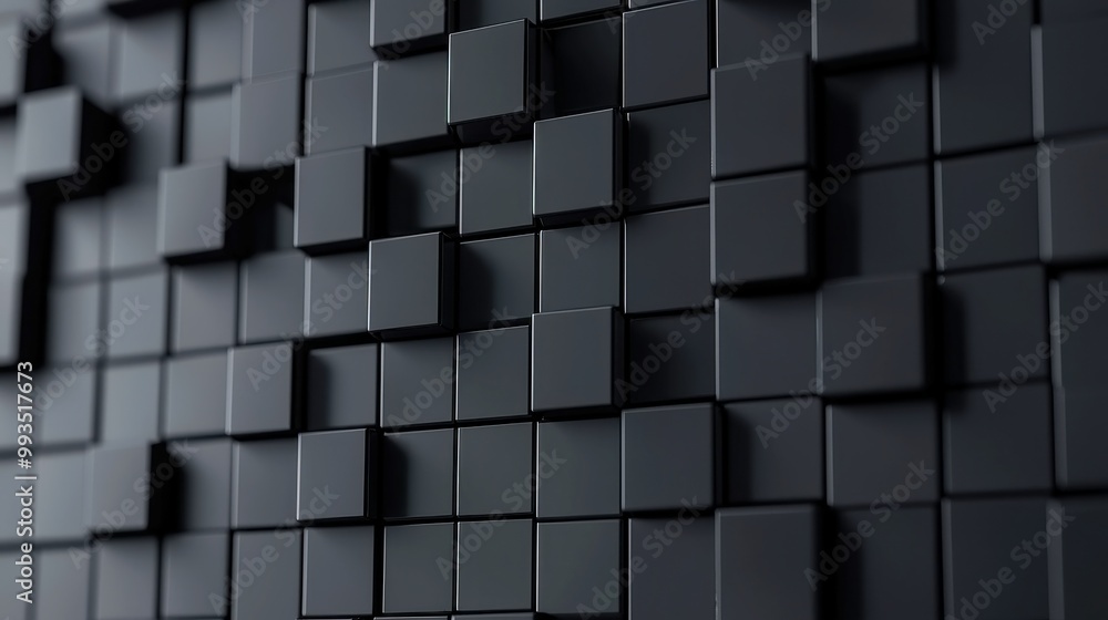 Poster futuristic high-tech square block structure, set against a dark background, featuring a wall texture