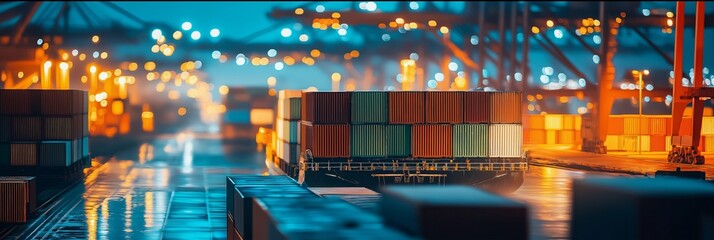 A bustling port scene at night showing stacked shipping containers with lights glowing, reflecting off the wet ground.