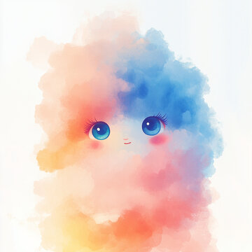 Cute colorful smoke cloud with big eyes and pink cheeks on white background. Watercolor style, dreamy atmosphere. Children's book illustration