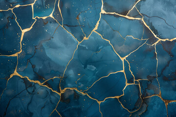 Marble surface with gold kintsugi pattern. Kintsukuroi japanese traditional background. Kintsugi. Blue stone surface with gold cracks.