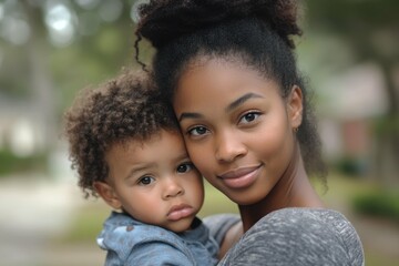 Fototapeta premium Family Bonding. Young African American woman holding cute toddler, fam