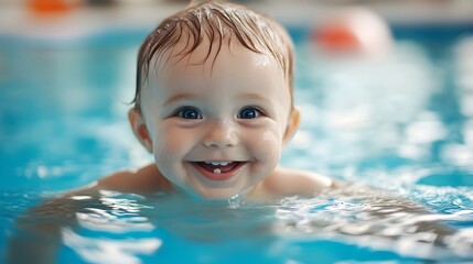 Adorable baby swimming and splashing with joy in the pool on a sunny day