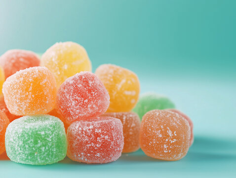 colorful sugar coated jelly candies on turquoise background