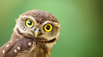 Obraz premium Curious and Watchful Owl in Close-up With Vibrant Green Backdrop