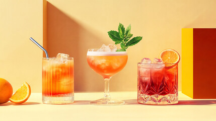 Three colorful cocktails arranged in a row against a warm orange background.
