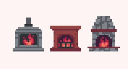 Obraz premium Fireplace pixel art set. Decor furniture, classic stone fire pit, oven or furnace collection. 8 bit. Game development, mobile app. Isolated vector illustration.