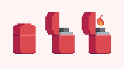 Open and closed gas lighter pixel art set, burning lighter collection. 8 bit. Game development, mobile app. Isolated vector illustration.