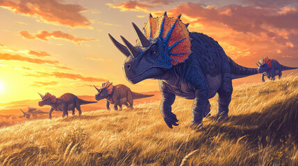 Fototapeta premium A herd of Ceratopsians grazing peacefully in an open prehistoric savanna, with rolling hills and sparse, tall grass extending into the horizon