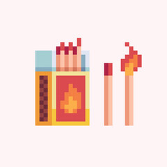 Matchbox and match pixel art.  Burning matchstick element.  8 bit. Game development, mobile app. Isolated vector illustration.
