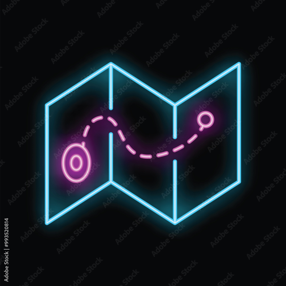 Aufkleber neon map showing the route to reach a destination point from a starting point