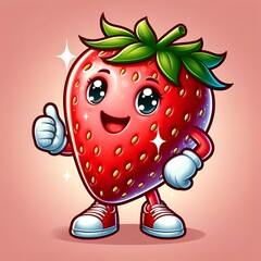A cheerful strawberry character giving a thumbs up with a big smile, radiating positivity and joy.
