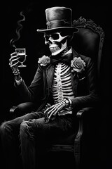 Fototapeta premium Minimalist Black Skeleton Chilling with a Gentleman style, Funny and Stylish Character on a Dark Black Background, Perfect for Halloween, Fashion, and Humorous Themes