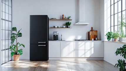 A contemporary kitchen interior featuring a stylish black refrigerator and white cabinets. Generative AI