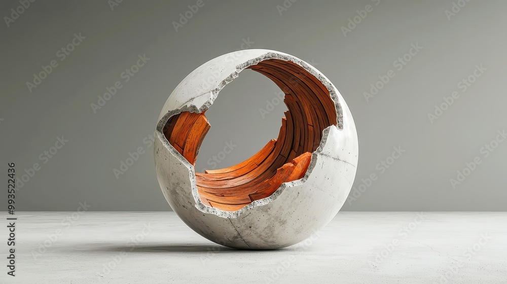 Poster abstract sphere blending smooth wood and rugged concrete textures, creating a harmonious fusion of n