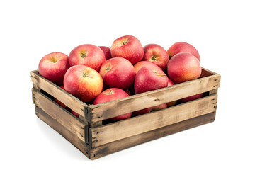 Red apples in wooden box isolated on white background
