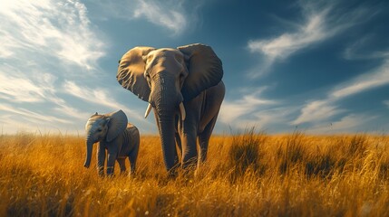 Obraz premium African elephants on vibrant savanna, mother and baby, lush green grasslands, bright blue sky, golden sunlight, wildlife photography, highly detailed, majestic atmosphere.