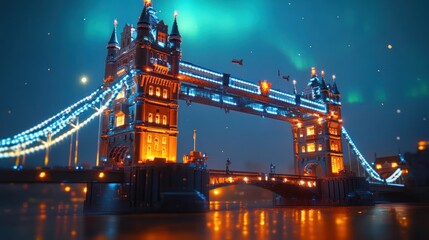 Obraz premium Illuminated Tower Bridge at Night with a Blurry Lightscape in the Background