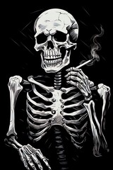 Minimalist Black Skeleton Chilling with a Gentleman style, Funny and Stylish Character on a Dark Black Background, Perfect for Halloween, Fashion, and Humorous Themes
