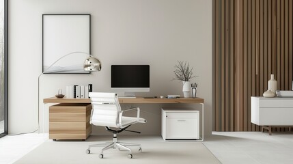 Sleek Minimalist Home Office: Contemporary Living Room Setup with Elegant Modern Furniture and Smart Design