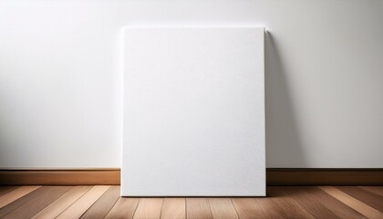 blank art canvas mockup on the laminate floor against the white wall