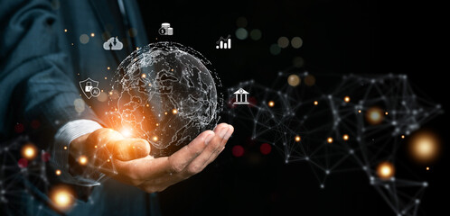 business intelligence concept. Global business, internet network connection, IoT Internet of Things,  Businessman hand holding global network, futuristic technology background