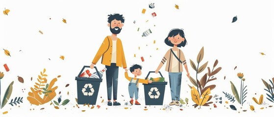 Fototapeta premium Family Recycling Together in a Flat Design Style